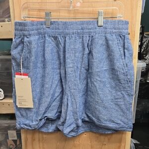 Frank & Oak Size M Blue and White High Waisted Linen Blend Short